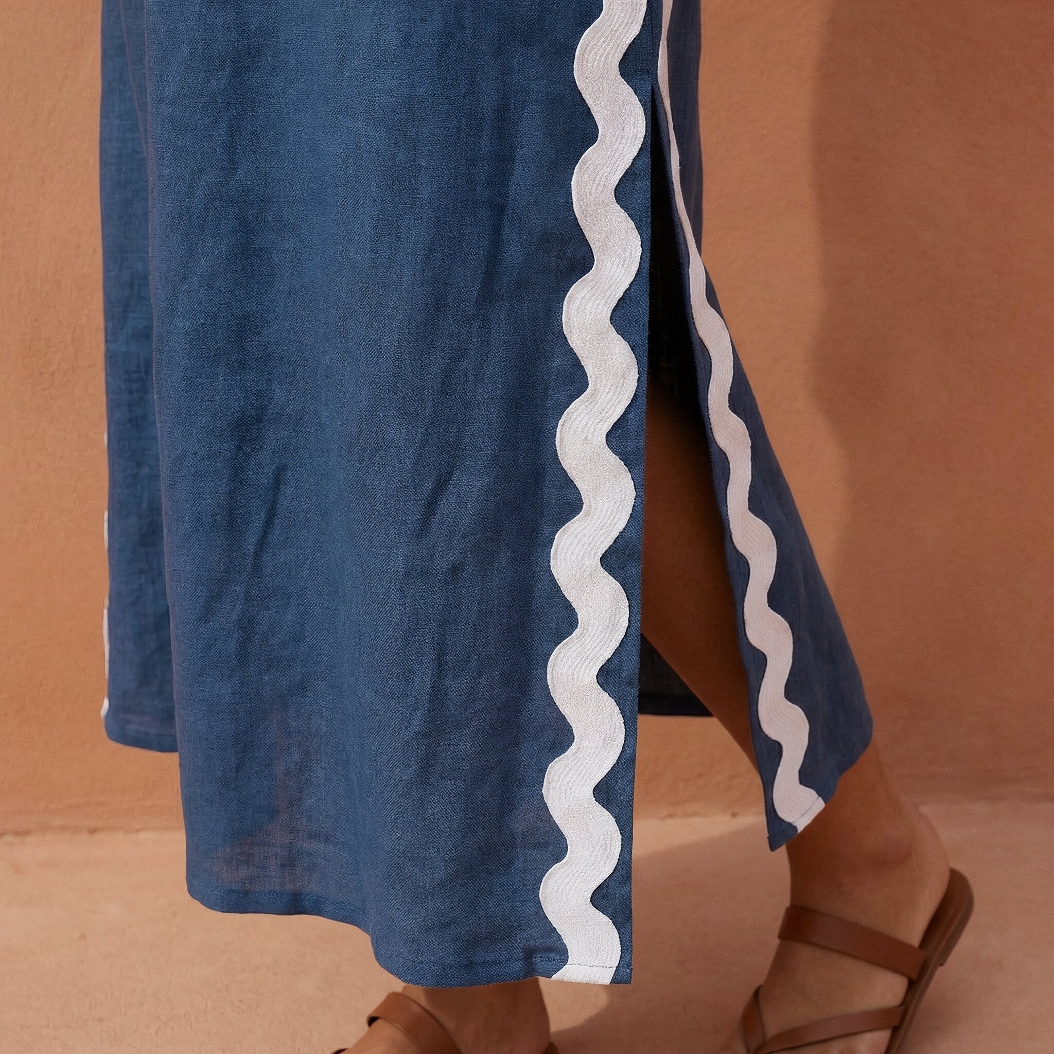 Navy Blue Cotton Linen Wavy Stripe Maxi Shift Dress