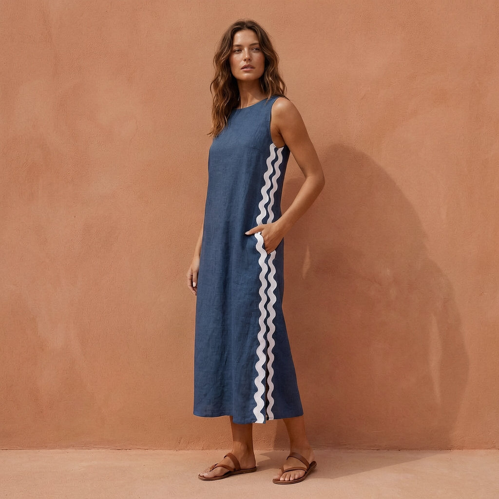 Navy Blue Cotton Linen Wavy Stripe Maxi Shift Dress