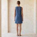 Navy Blue Cotton Linen Wavy Stripe Short Shift Dress