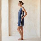 Navy Blue Cotton Linen Wavy Stripe Short Shift Dress