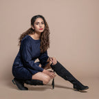 Right View of a Model wearing Navy Blue Cotton Velvet Boat Neck Sheath Short Dress