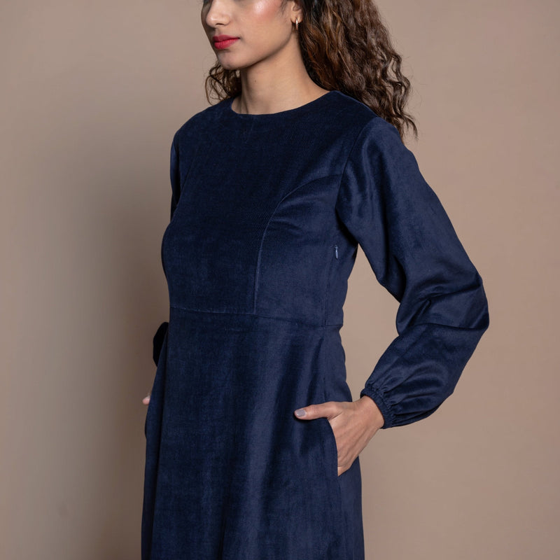 Front Detail of a Model wearing Navy Blue Cotton Velvet Princess Line Maxi Dress