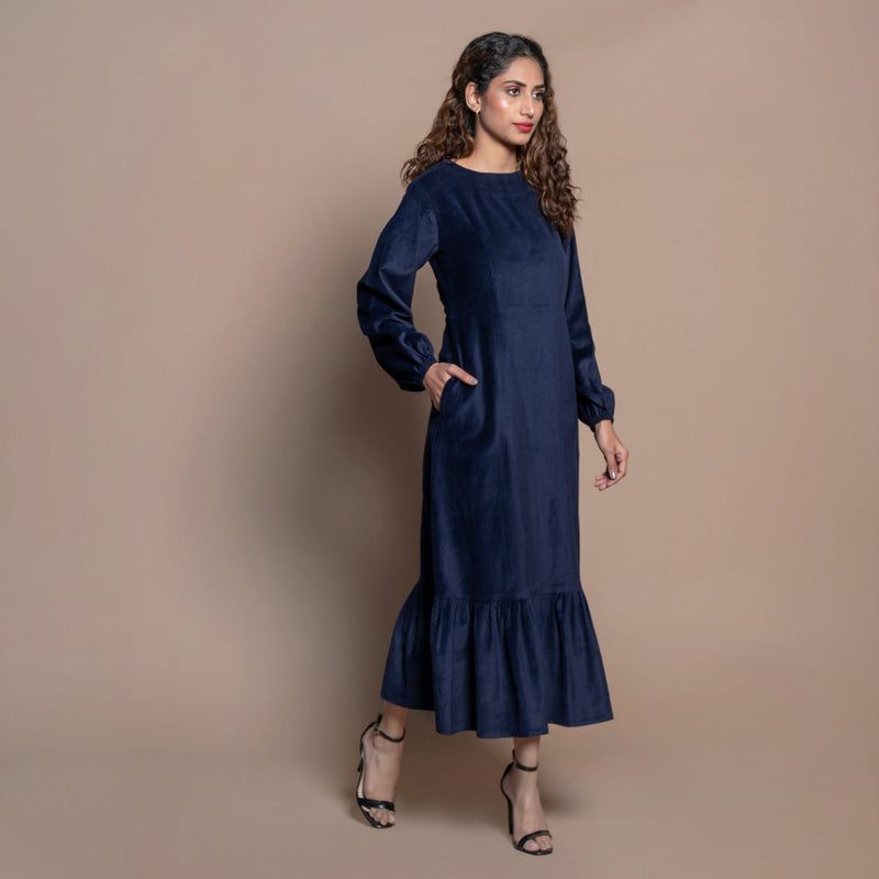 Right View of a Model wearing Navy Blue Cotton Velvet Princess Line Maxi Dress