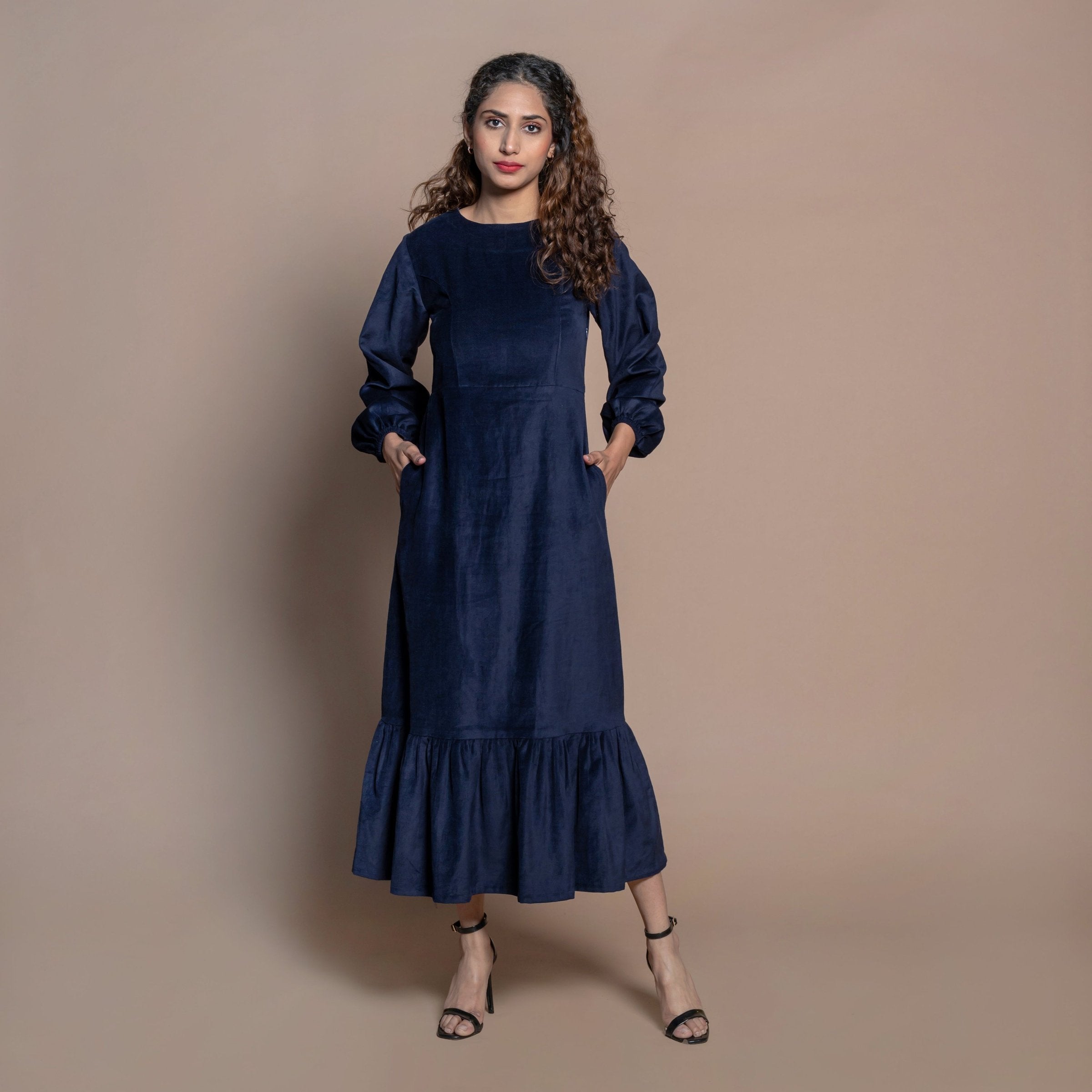 Front View of a Model wearing Navy Blue Cotton Velvet Princess Line Maxi Dress