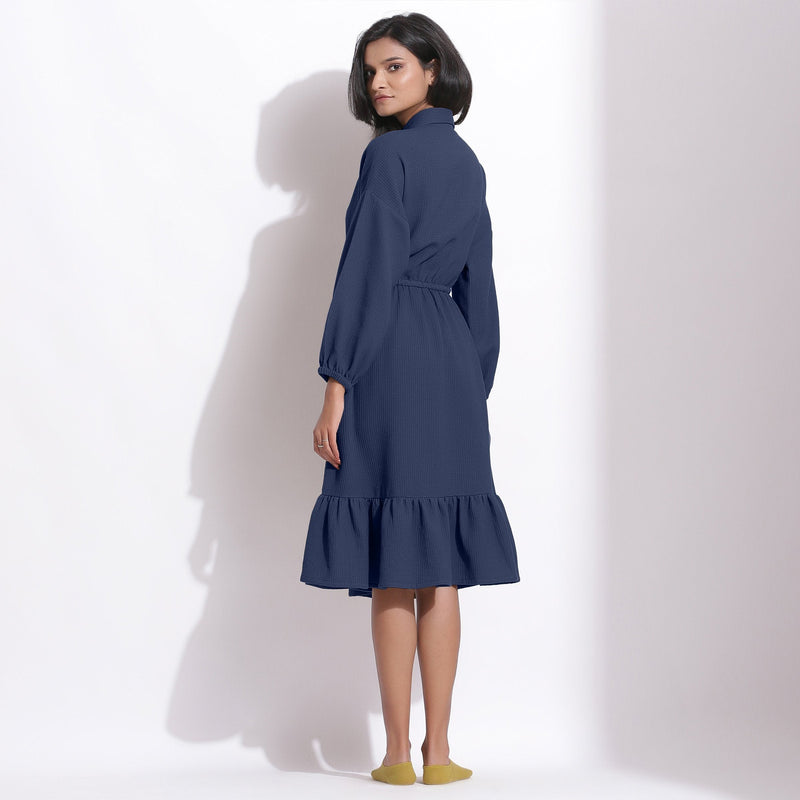 Back View of Model wearing Navy Blue Cotton Waffle Button-Down Dress