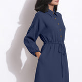 Right Detail of Model wearing Navy Blue Cotton Waffle Button-Down Dress