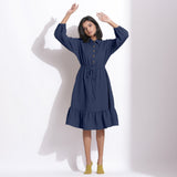 Front View of Model wearing Navy Blue Cotton Waffle Button-Down Dress