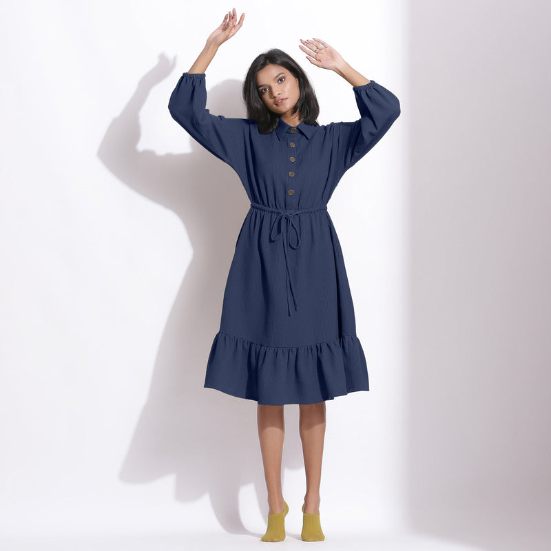 Front View of Model wearing Navy Blue Cotton Waffle Button-Down Dress