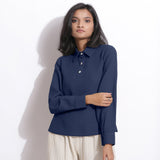 Front View of a Model wearing Navy Blue Cotton Waffle Polo Shirt