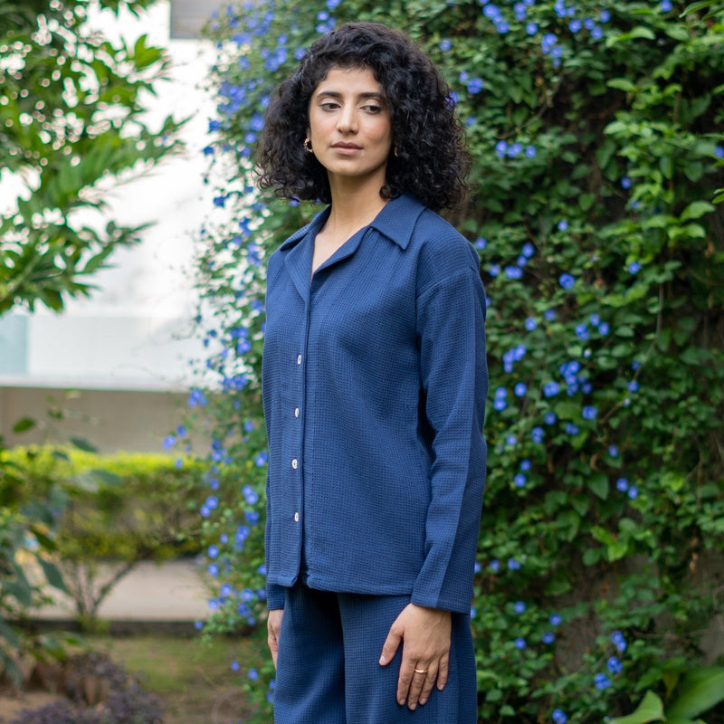 Navy Blue Cotton Waffle Shirt and High-Rise Pant Co-ord Set