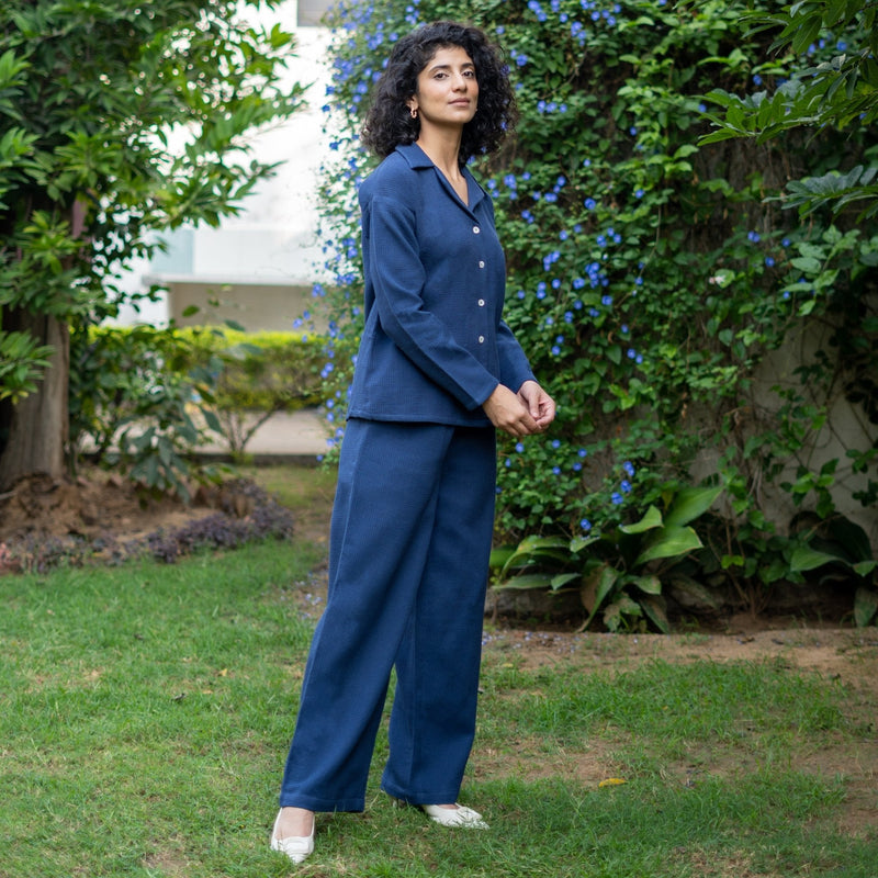 Navy Blue Cotton Waffle Shirt and High-Rise Pant Co-ord Set