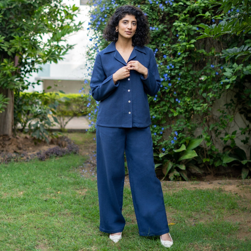 Navy Blue Cotton Waffle Shirt and High-Rise Pant Co-ord Set