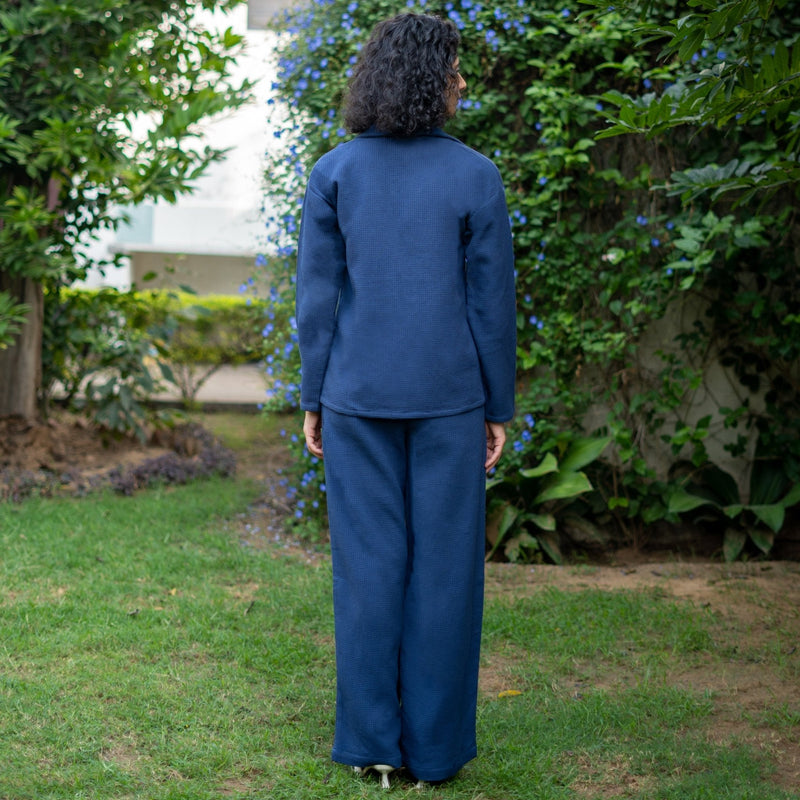 Navy Blue Cotton Waffle Shirt and High-Rise Pant Co-ord Set