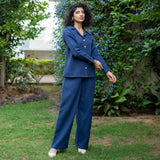 Navy Blue Cotton Waffle Shirt and High-Rise Pant Co-ord Set