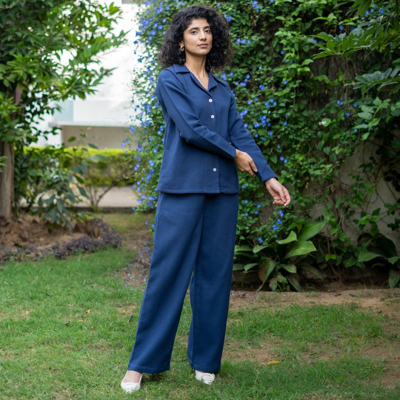 Navy Blue Cotton Waffle Shirt and High-Rise Pant Co-ord Set