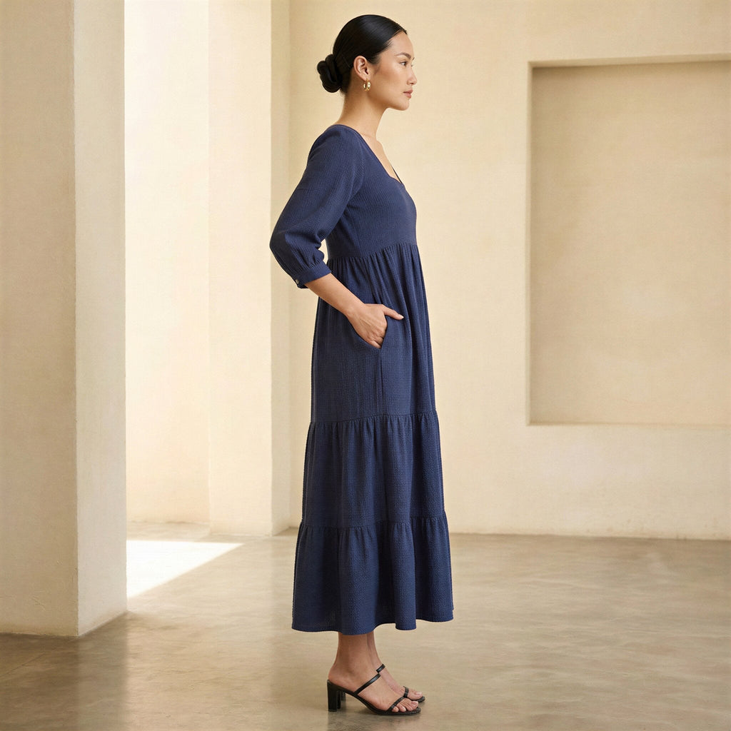 Navy Blue Cotton Waffle Square Neck Tiered Midi Dress