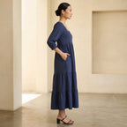 Navy Blue Cotton Waffle Square Neck Tiered Midi Dress