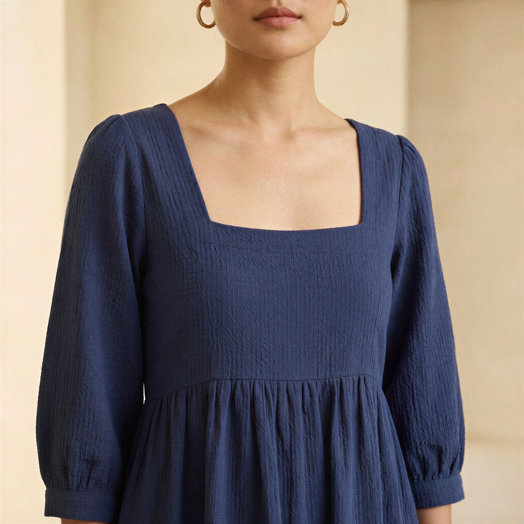 Navy Blue Cotton Waffle Square Neck Tiered Midi Dress