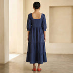 Navy Blue Cotton Waffle Square Neck Tiered Midi Dress