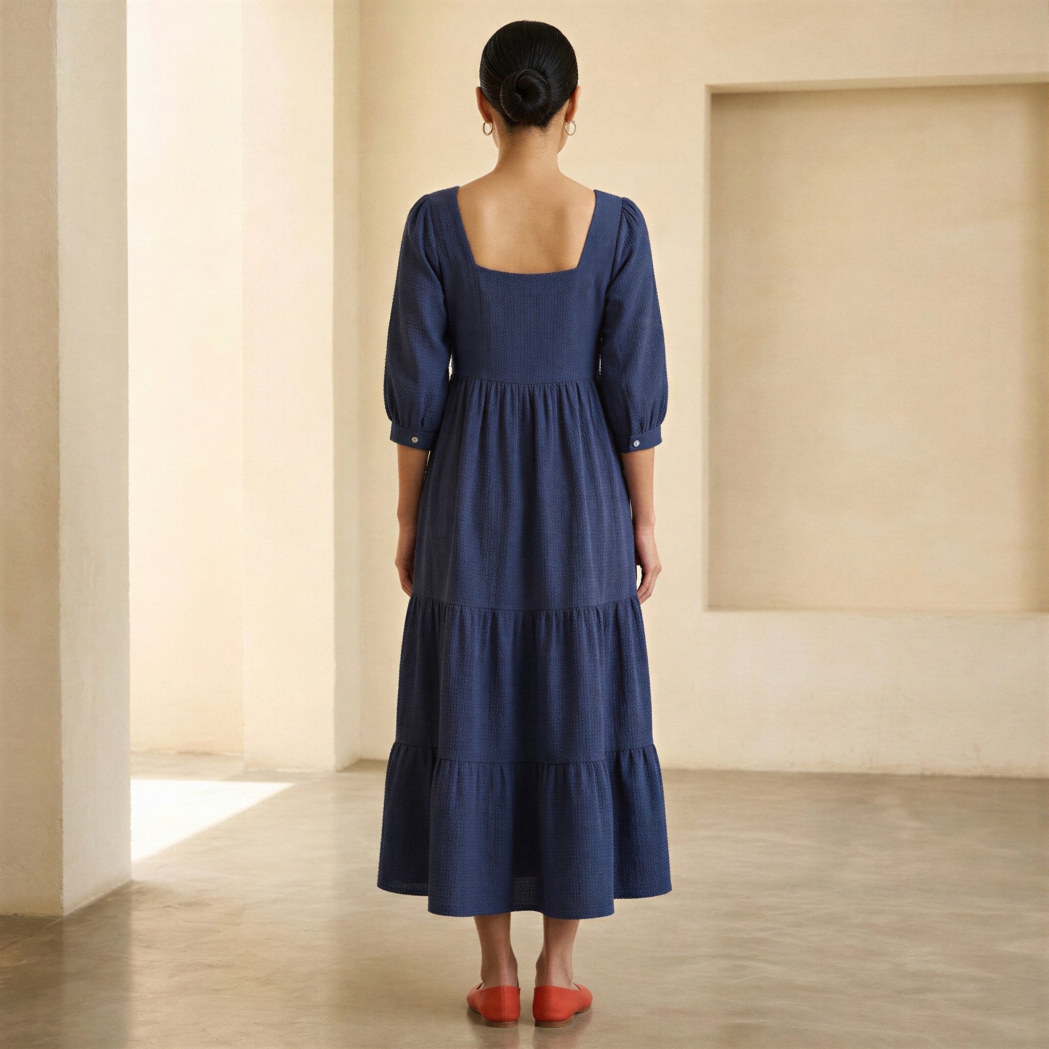 Navy Blue Cotton Waffle Square Neck Tiered Midi Dress