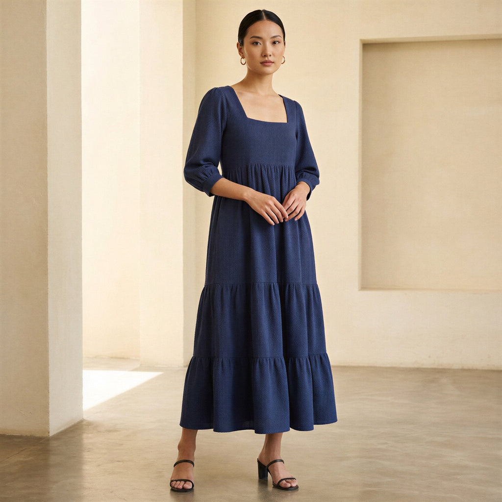 Navy Blue Cotton Waffle Square Neck Tiered Midi Dress