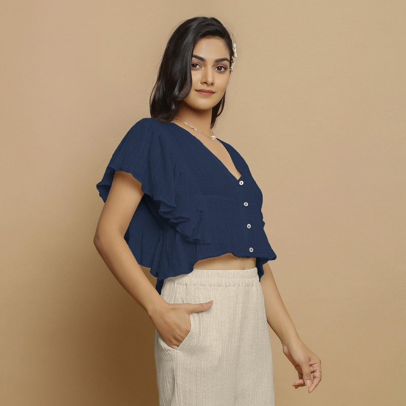 Navy Blue Crinkled Cotton Butterfly Sleeves Crop Top