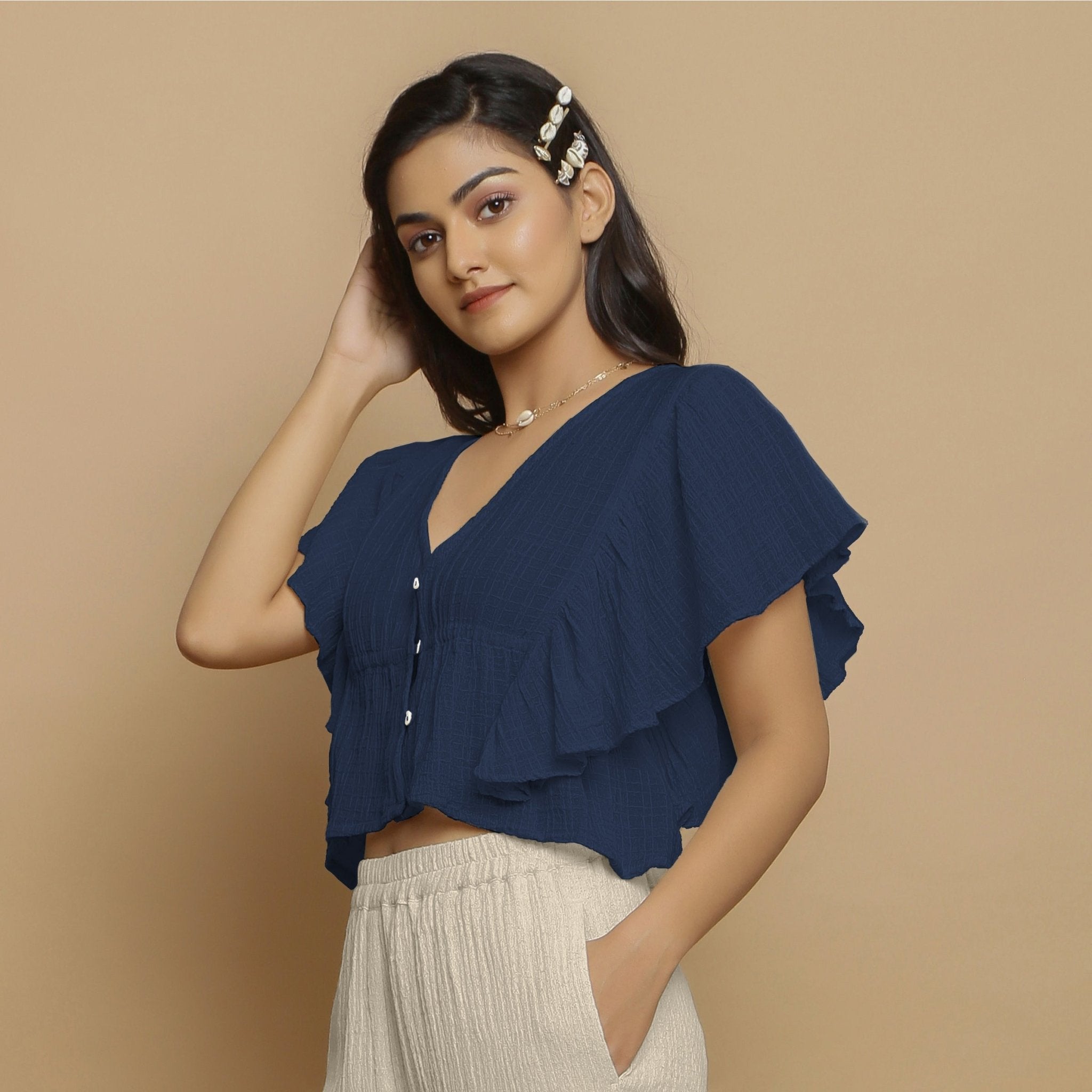 Navy Blue Crinkled Cotton Butterfly Sleeves Crop Top