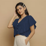 Navy Blue Crinkled Cotton Butterfly Sleeves Crop Top