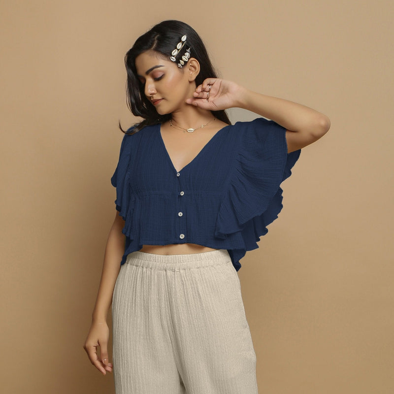 Navy Blue Crinkled Cotton Butterfly Sleeves Crop Top