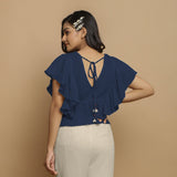 Navy Blue Crinkled Cotton Butterfly Sleeves Crop Top