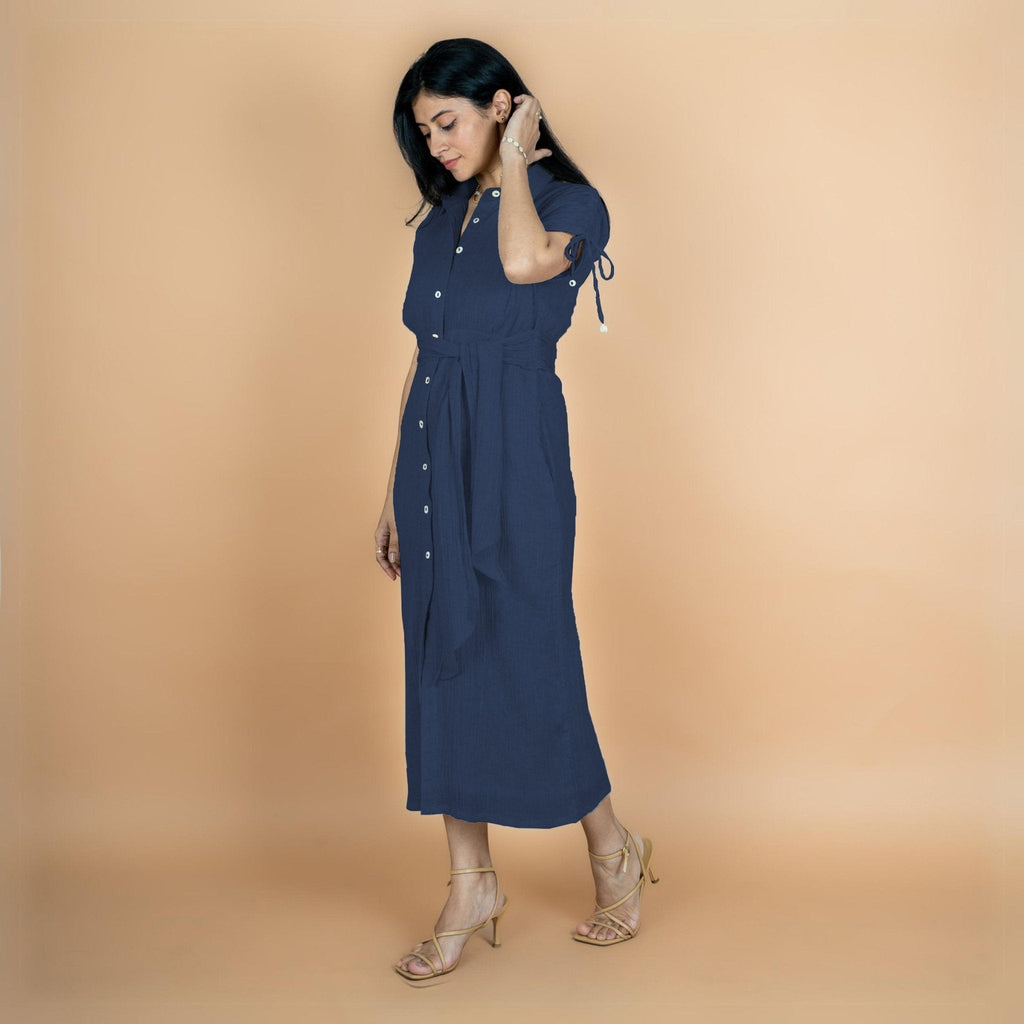 Navy Blue Crinkled Cotton Flax Boho Maxi Button-Down Shirt Dress