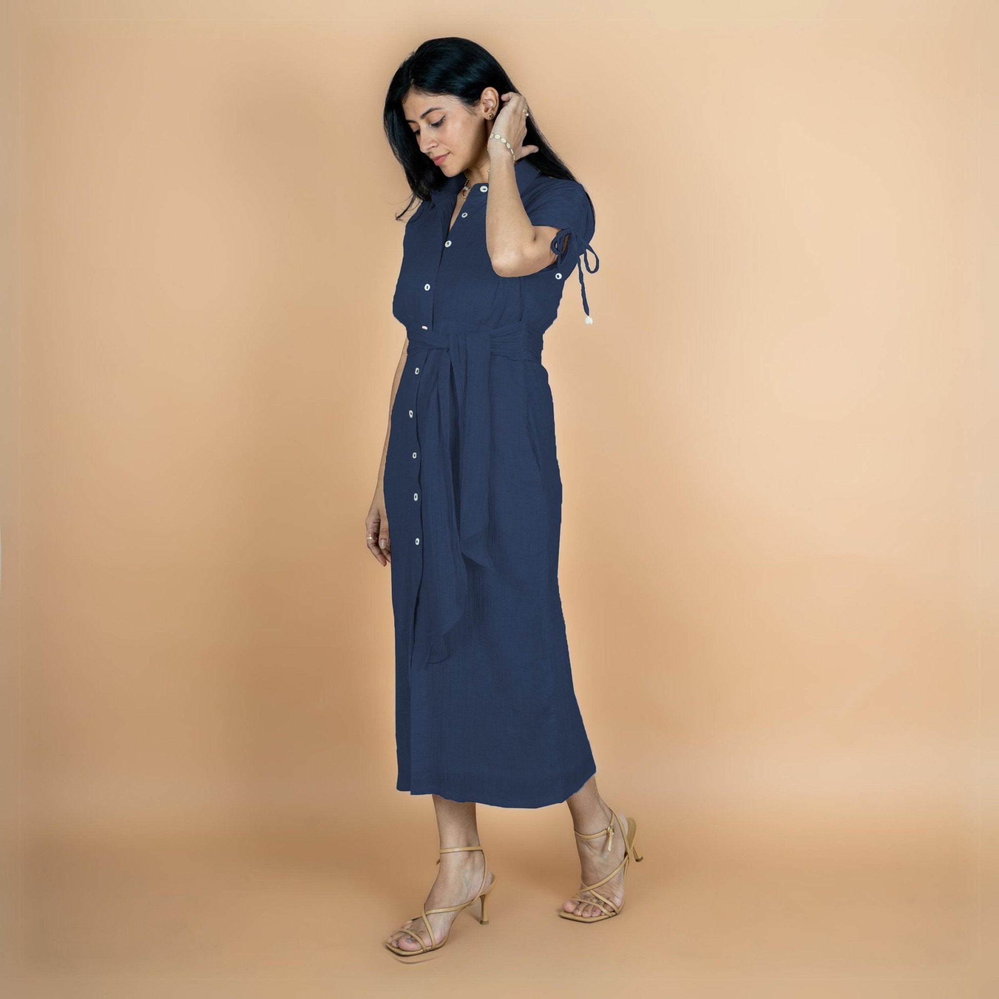 Navy Blue Crinkled Cotton Flax Boho Maxi Button-Down Shirt Dress