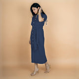 Navy Blue Crinkled Cotton Flax Boho Maxi Button-Down Shirt Dress