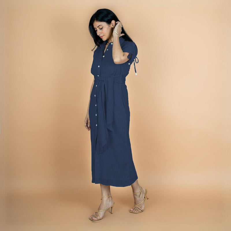 Navy Blue Crinkled Cotton Flax Boho Maxi Button-Down Shirt Dress