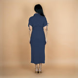 Navy Blue Crinkled Cotton Flax Boho Maxi Button-Down Shirt Dress