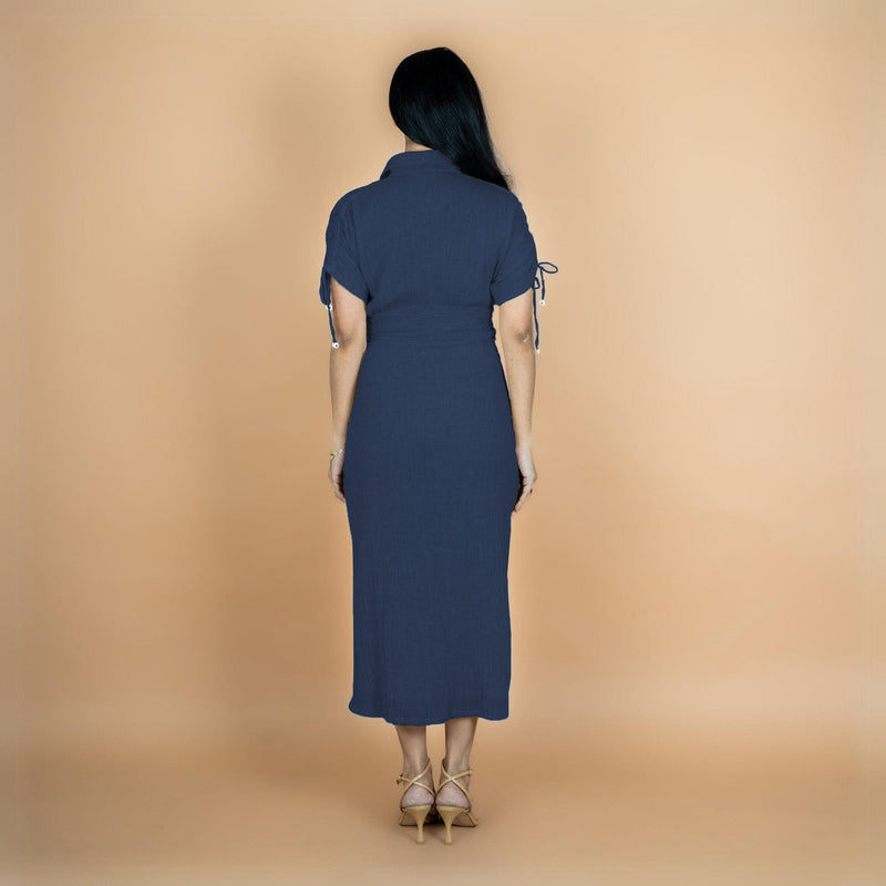 Navy Blue Crinkled Cotton Flax Boho Maxi Button-Down Shirt Dress