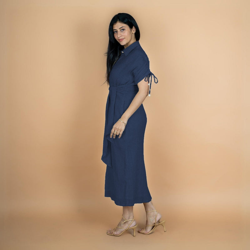 Navy Blue Crinkled Cotton Flax Boho Maxi Button-Down Shirt Dress