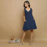 Navy Blue Crinkled Cotton Flax Deep Neck Sleeveless Short Dress