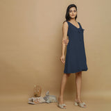 Navy Blue Crinkled Cotton Flax Deep Neck Sleeveless Short Dress