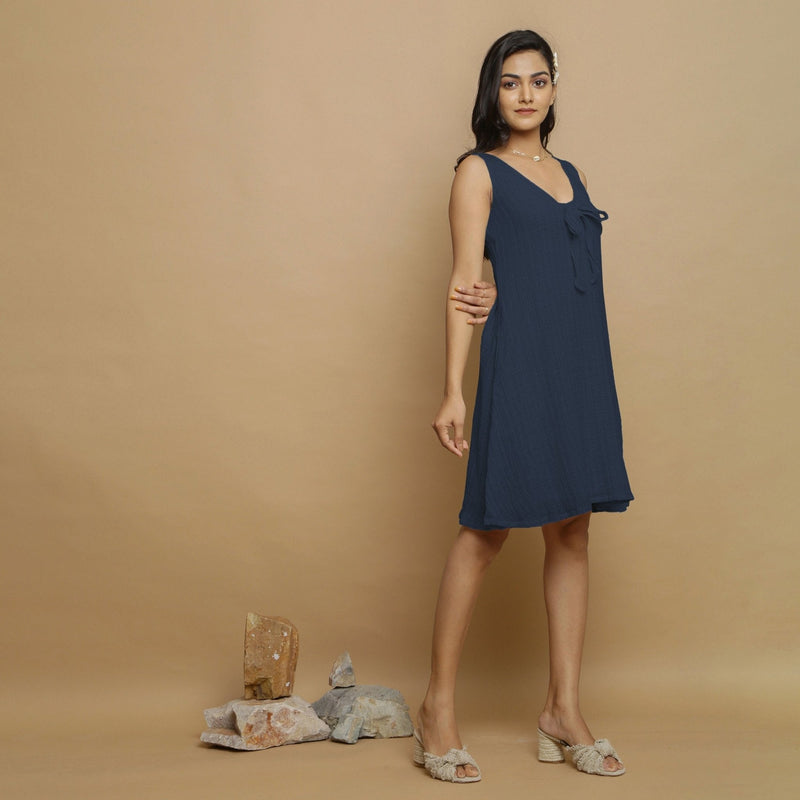 Navy Blue Crinkled Cotton Flax Deep Neck Sleeveless Short Dress