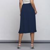 Navy Blue Crinkled Cotton Flax Elasticated Flared Midi Skirt