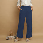 Navy Blue Crinkled Cotton Flax Elasticated Mid-Rise Pant