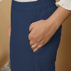 Navy Blue Crinkled Cotton Flax Elasticated Mid-Rise Pant