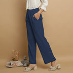 Navy Blue Crinkled Cotton Flax Elasticated Mid-Rise Pant