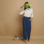 Navy Blue Crinkled Cotton Flax Elasticated Mid-Rise Pant