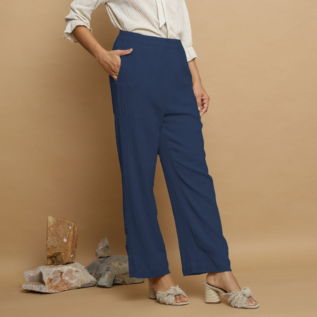 Navy Blue Crinkled Cotton Flax Elasticated Mid-Rise Pant