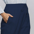Navy Blue Crinkled Cotton Flax Elasticated Mid-Rise Tapered Pant