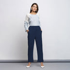 Navy Blue Crinkled Cotton Flax Elasticated Mid-Rise Tapered Pant