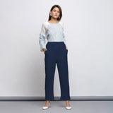 Navy Blue Crinkled Cotton Flax Elasticated Mid-Rise Tapered Pant