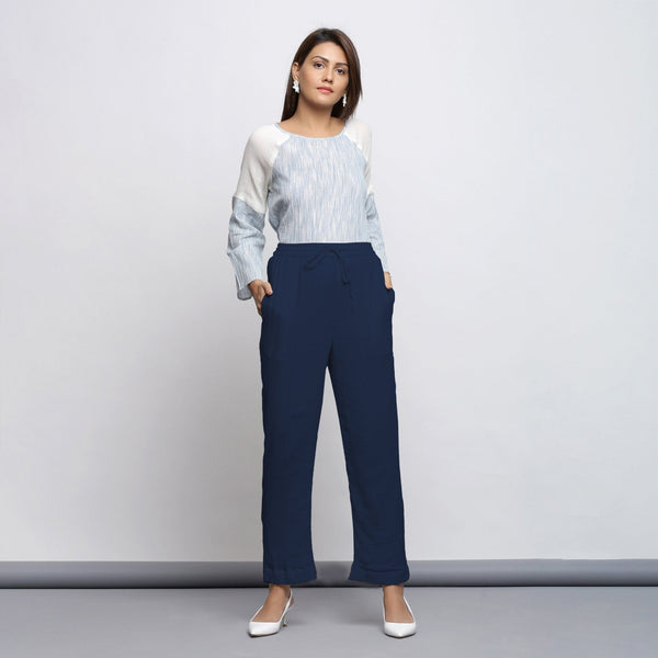 Navy Blue Crinkled Cotton Flax Elasticated Mid-Rise Tapered Pant